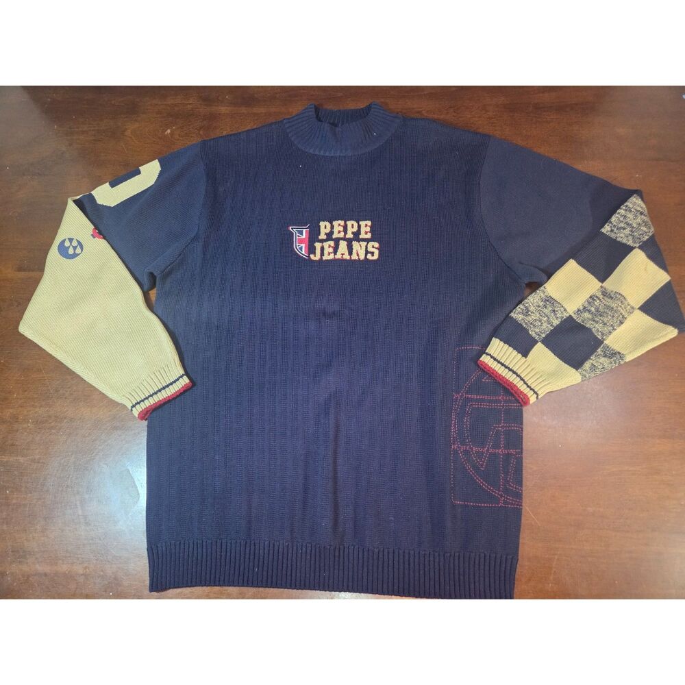 Pepe Jeans London XL Knit Sweater Patchwork Checkered Sleeve Retro Y2K Style